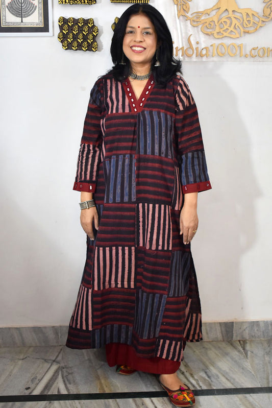 Beautiful Hand Block Printed Ajrakh Cotton kurta with Kutch Mirror work , Size 38 to 46