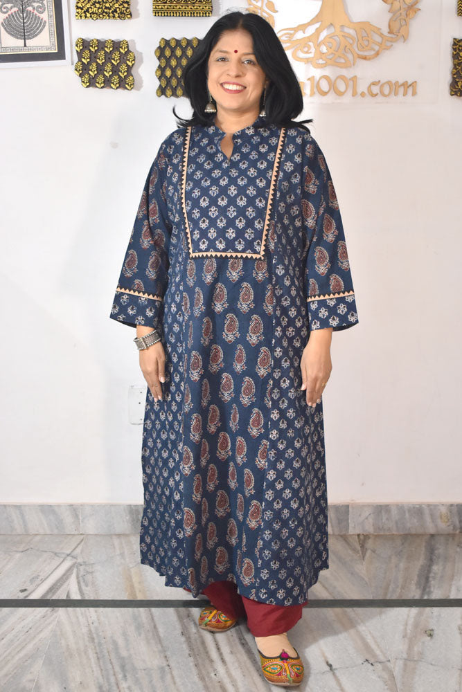 Designer Hand Block Printed Ajrakh cotton Kurta / Dress - Size 38 to 48 ( all sizes)