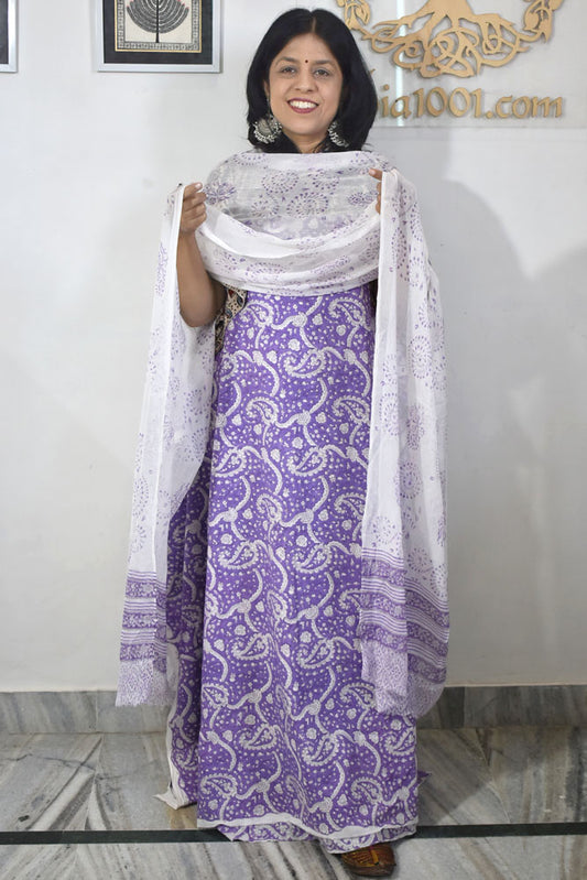 Hand Block Printed Cotton unstitched suit fabric with Chiffon dupatta