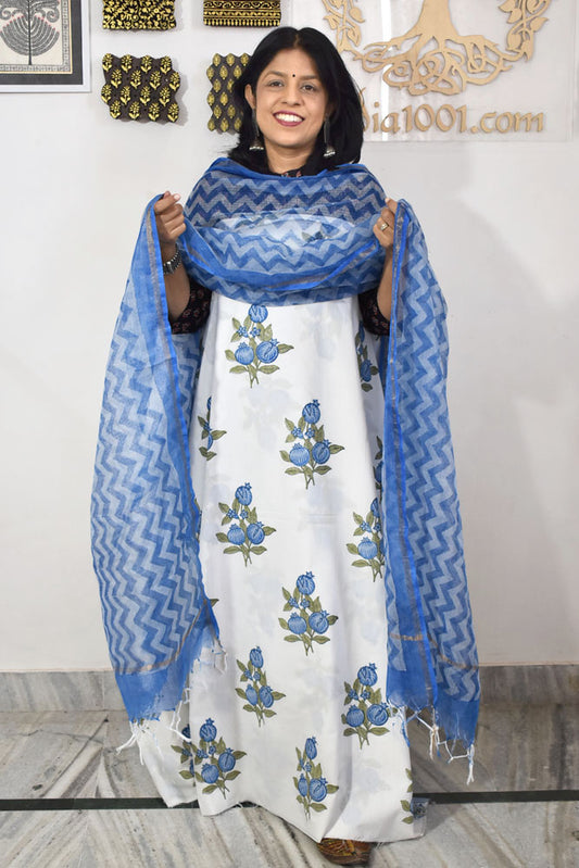 Designer Hand Block Print Cotton suit with Kota dupatta