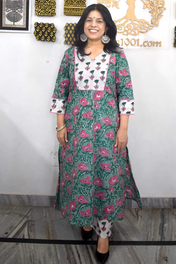 Elegant Hand Block Printed Cotton Set ( Kurta & Pant) Size 38 - 46