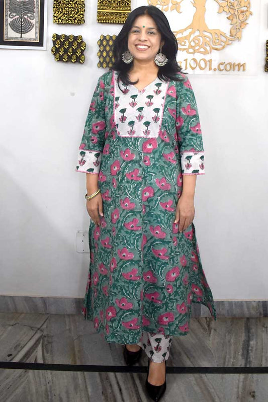 Elegant Hand Block Printed Cotton Set ( Kurta & Pant) Size 38 - 46