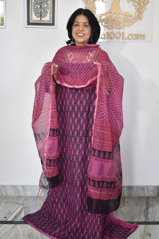 Classic Bagh Block Printed unstitched suit fabric with Kota Doria dupatta