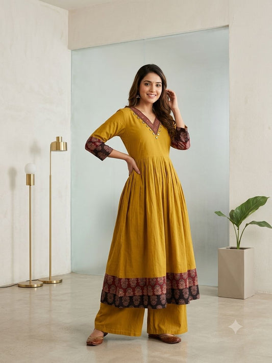 Designer Hand Block Printed cotton Kurta With Mirror Work - Size 38 to 48 ( all sizes)