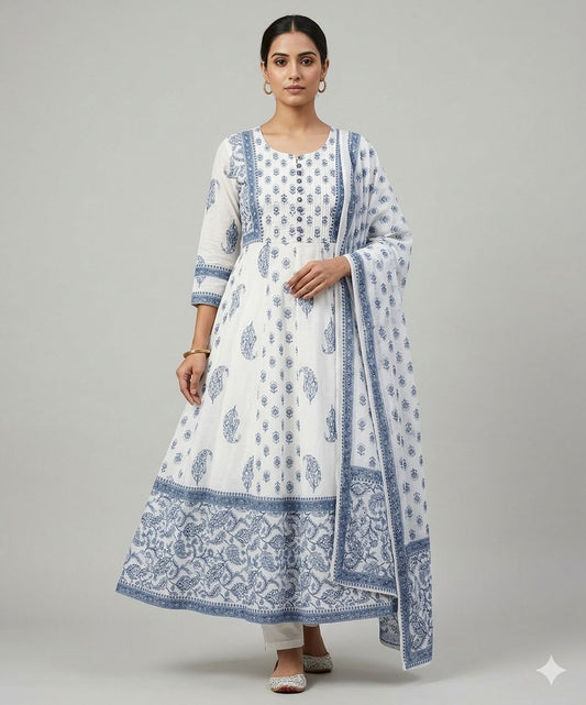 Beautiful Block Printed Anarkali Cotton dress - Kurta, Dupatta & Pant Set
