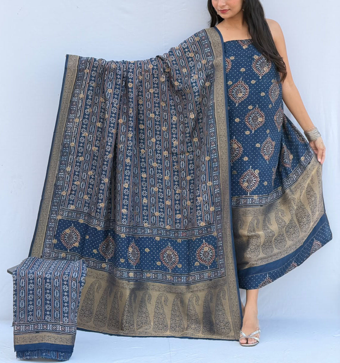 Designer Ajrakh Dola silk suit with woven bootis & borders - 3 pc suit