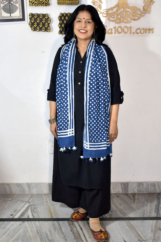 Elegant Hand block printed Cotton stole with cloth tassels