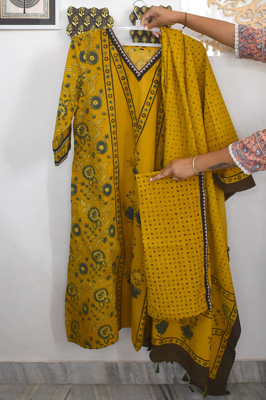 Ajrakh Hand Block Printed stitched 3 pc Cotton suit - 46 size