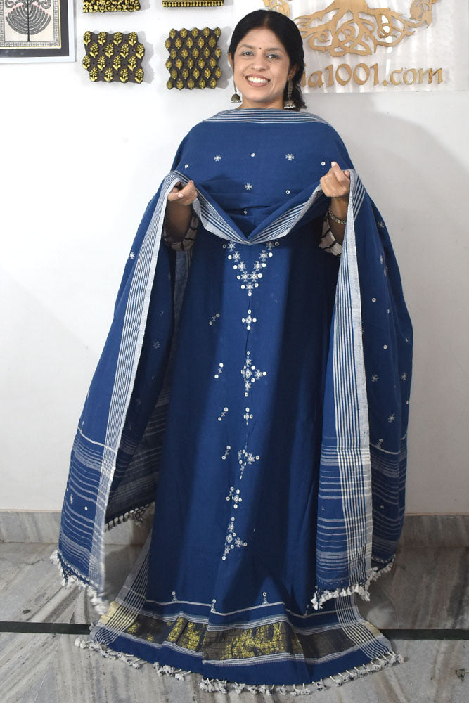 Premium Handwoven Kala Cotton Bhujodi suits with Mirror Work - 3 pc set