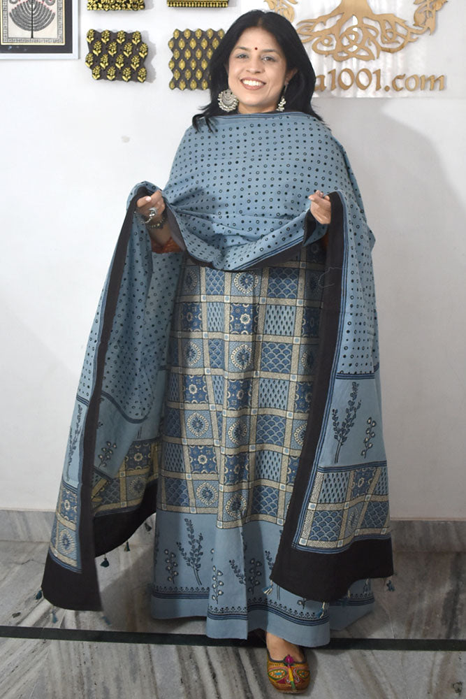 Designer Ajrakh Cotton Unstitched suit with  panel design, Ajrakh Dupatta & Bottom- 3 piece set