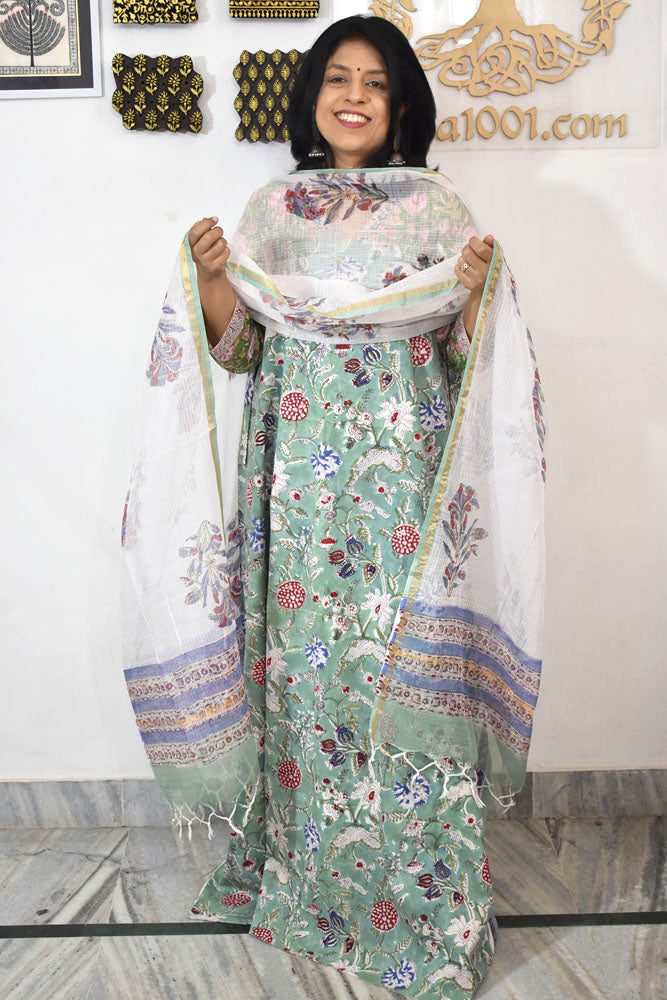 Beautiful Hand Block Printed Cotton unstitched suit fabric with Kota Doria Dupatta