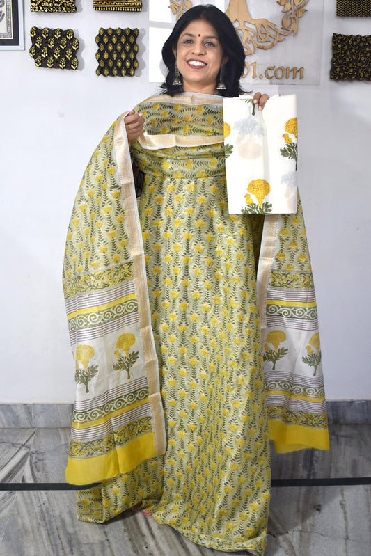 Beautiful Hand Block Printed Maheshwari Silk Cotton Unstitched suit fabric - 3 pc set