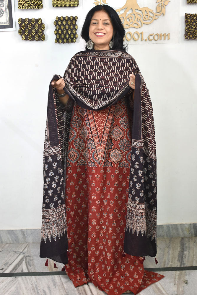 Block Print Ajrakh Cotton Suit with designer Ajrakh neck yoke /panel & Dupatta