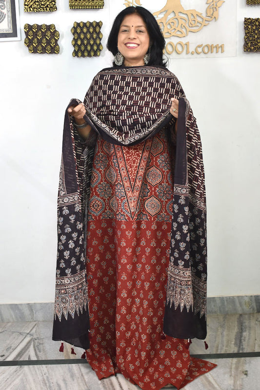 Block Print Ajrakh Cotton Suit with designer Ajrakh neck yoke /panel & Dupatta