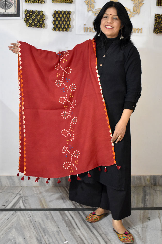 Hand woven Bandhani Kutch Merino Wool Stole with Tassels