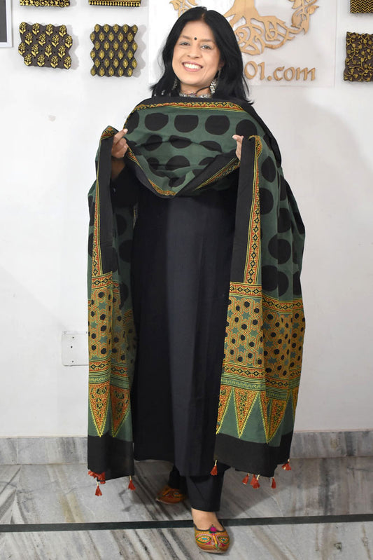 Ajrakh Hand Block Printed Cotton Dupatta with Tassels & natural dyes