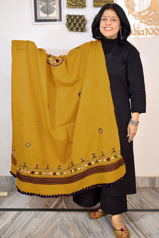 Handwoven Bhujodi Intricate Hand Embroidery & Hand  Mirror Work Woolen  Shawl