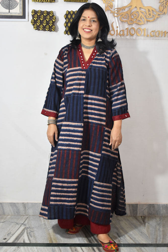 Beautiful Hand Block Printed Ajrakh Cotton kurta with Kutch Mirror work , Size 38 to 46
