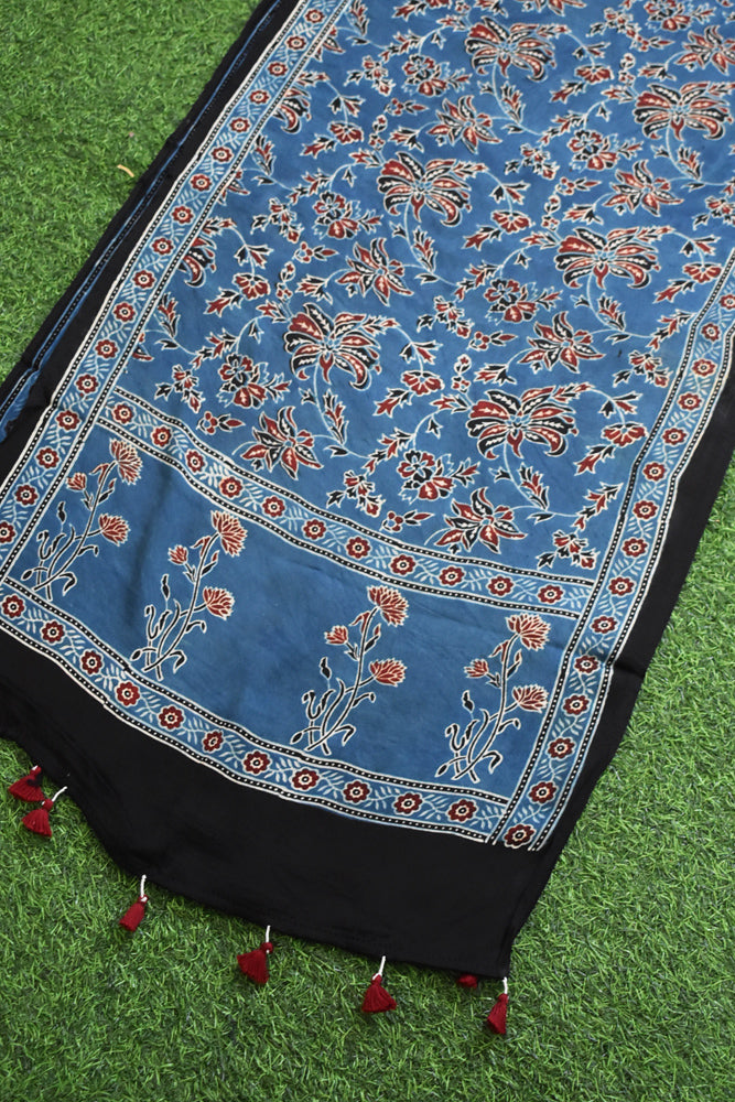 Beautiful Hand Block Printed Ajrakh Modal Silk stole with Tassels