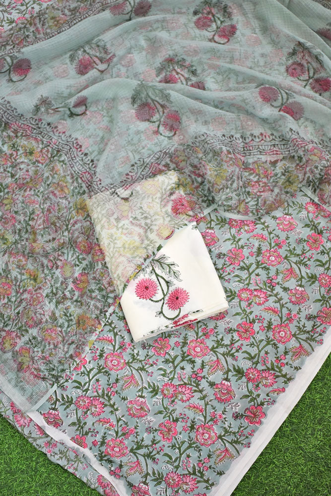 Designer Hand Block Placement Print Cotton suit with Kota dupatta and panel design