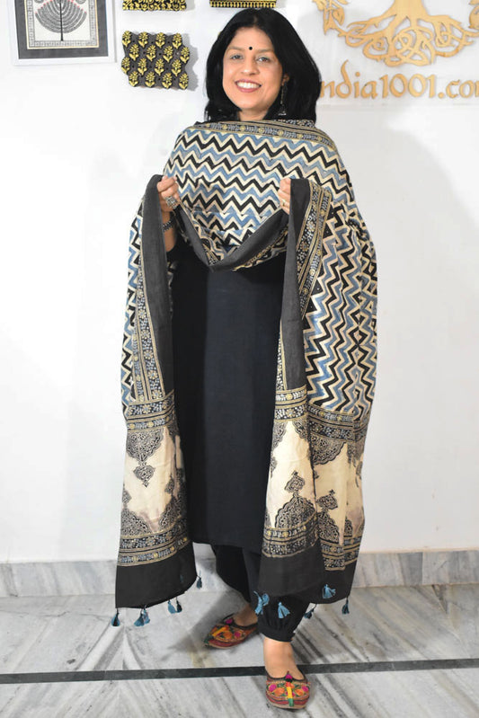 Ajrakh Hand Block Printed Cotton Dupatta with Tassels & natural dyes