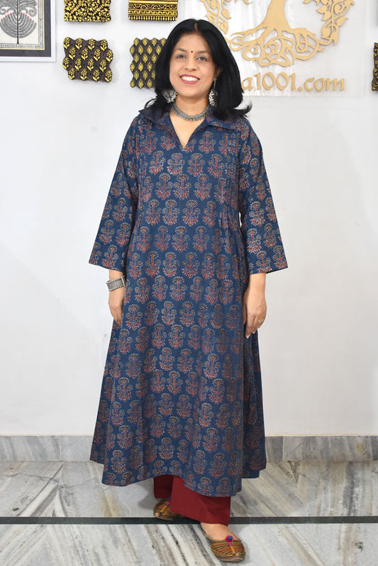 Designer Hand Block Printed Ajrakh cotton Kurta / Dress - Size 38 to 46 ( all sizes)