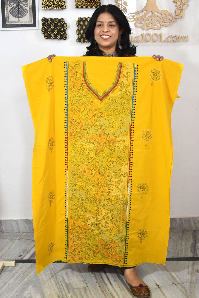 Hand Embroidered Kantha work cotton fabric - (Length 2.8 mtrs )