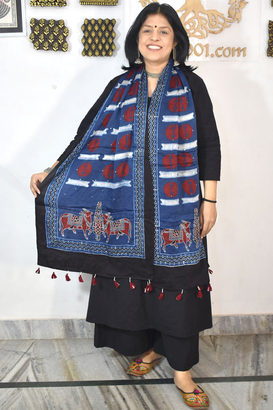 Beautiful Hand Block Printed Ajrakh Modal Silk stole with Tassels