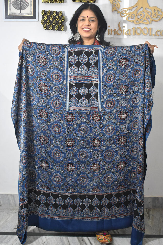 Designer Modal Silk Ajrakh Hand Block Print  Kurta Fabric - 2.5 mtrs cut
