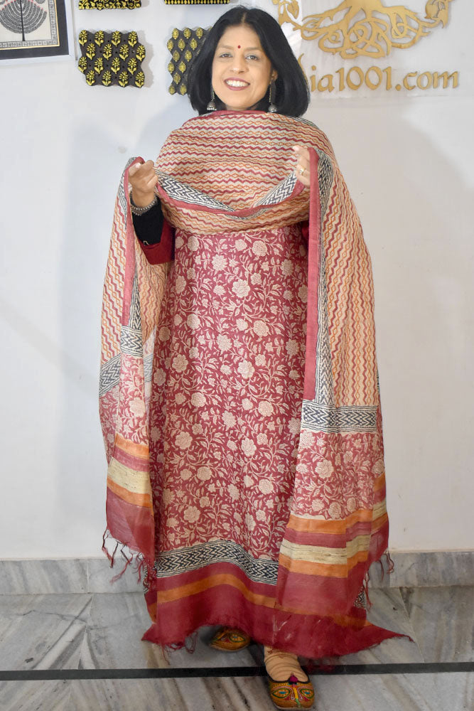 Beautiful Hand Block printed Tussar Pashmina Kurta Dupatta Set