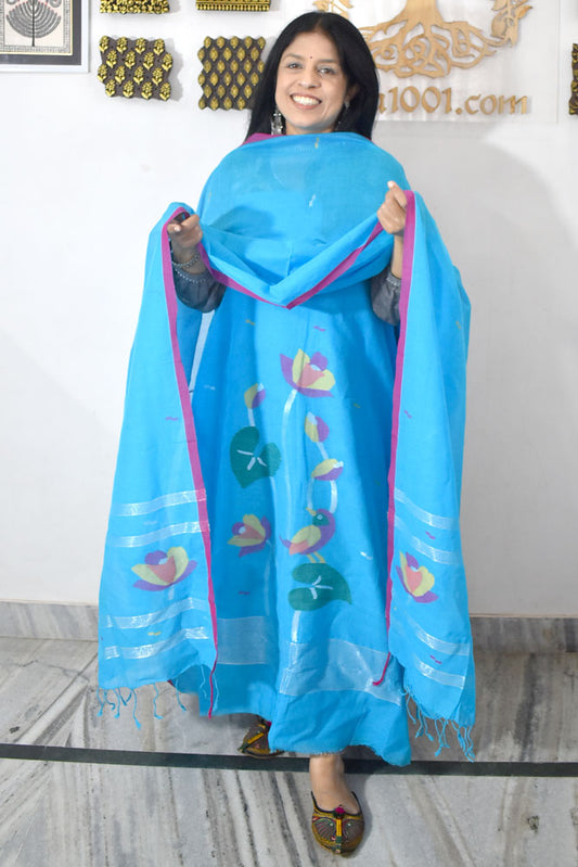 Kalakriti : Beautiful Hand Woven Soft Cotton Needle Jamdani Kurta Fabric & Dupatta set