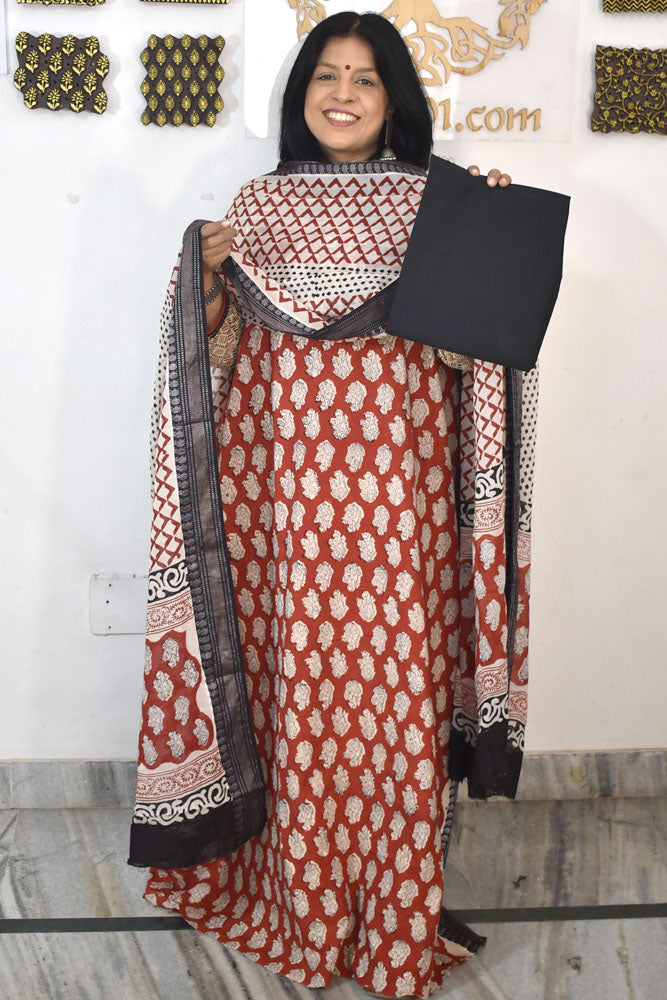 Beautiful Hand Block Printed Cotton unstitched suit fabric with Woven Borders Cotton dupatta