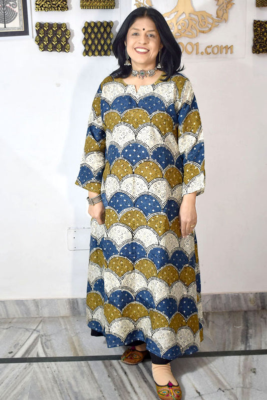 Beautiful Ajrakh Dola Silk Hand Block Print kurta , Size 40 to 46