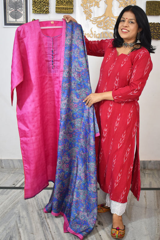 Semi Stitched Block Printed Tussar Silk Dupatta  & Tussar Kurta Fabric