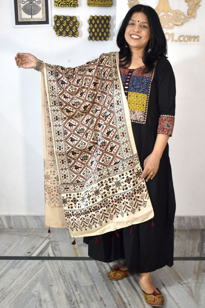 Beautiful Hand Block Printed Ajrakh Mashru Silk stole