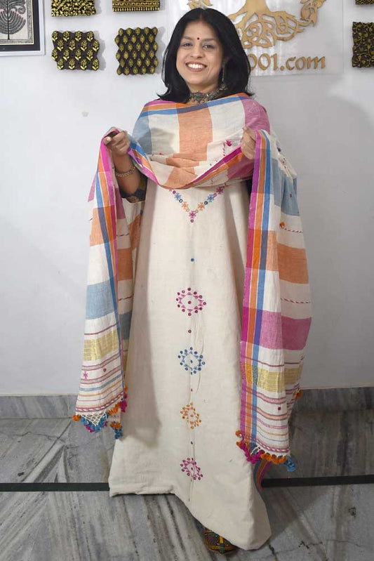 Premium Handwoven Kala Cotton Bhujodi suits with Mirror and Miri work - 3 pc set