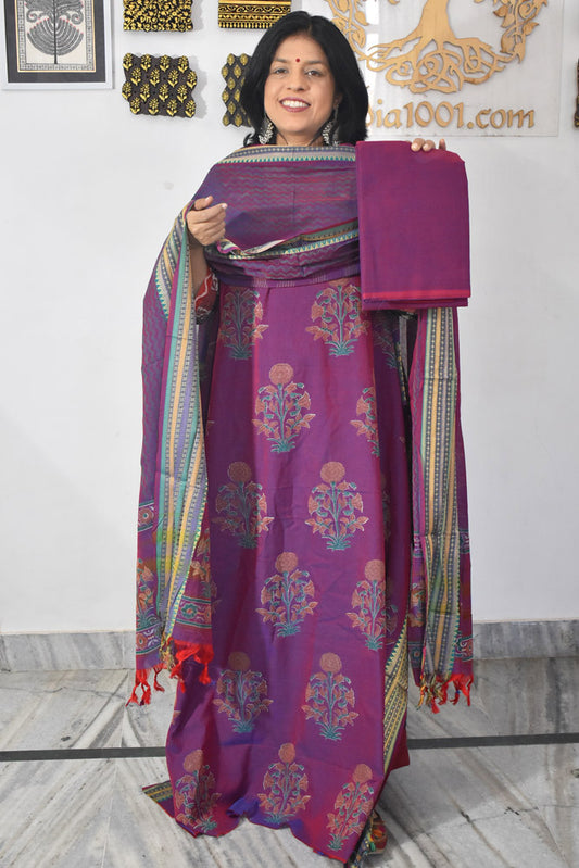 Beautiful Handwoven Chettinad Cotton suit with Hand block print Dupatta