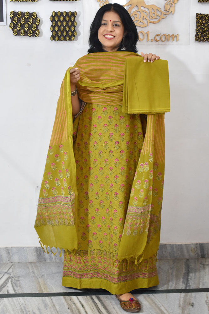 Elegant Hand Block print cotton suit with Schiffli work & Cotton dupatta