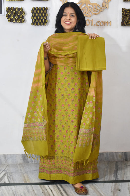 Elegant Hand Block print cotton suit with Schiffli work & Cotton dupatta