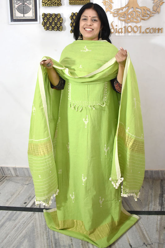 Premium Handwoven Kala Cotton Bhujodi suits with Mirror Work - 3 pc set
