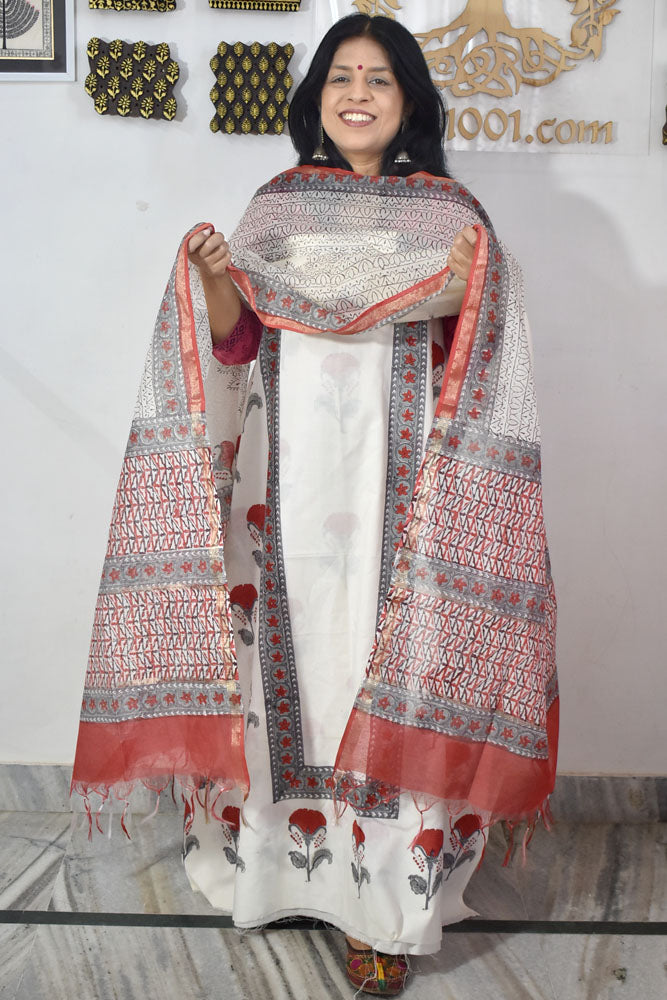 Designer Hand Block Print Cotton suit with Chanderi dupatta