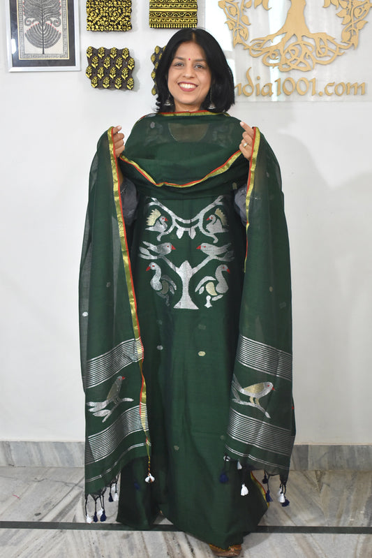 Kalakriti : Beautiful Hand Woven Soft Cotton Needle Jamdani Kurta Fabric & Dupatta set