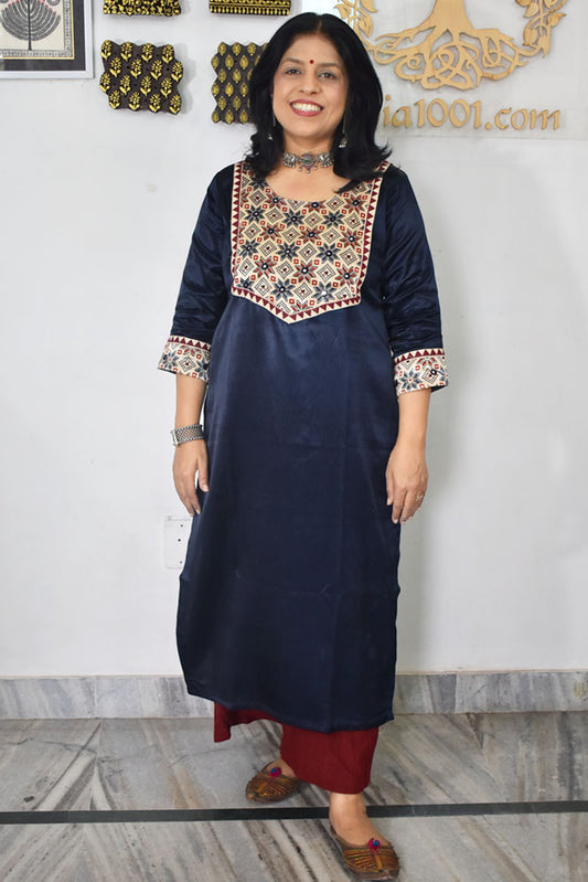 Beautiful Mashru Silk Kurta with Ajrakh patch & Kutch mirror work size - 38-44