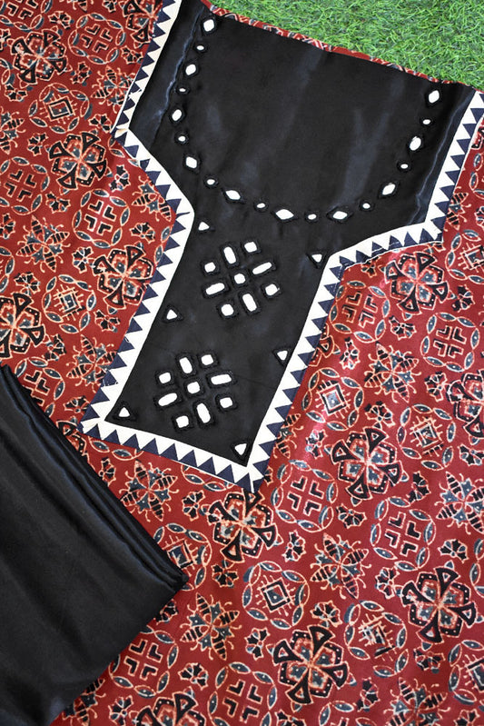 Designer Ajrakh Mashru Kurta Fabric with Kutch Mirror Work patch & Plain Mashru pant fabric