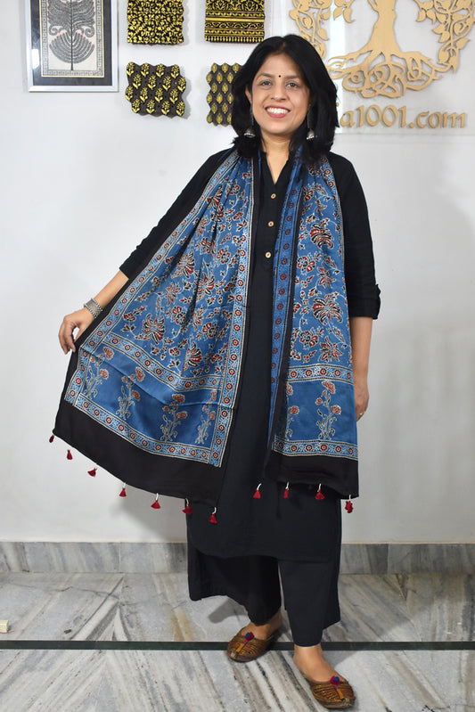 Beautiful Hand Block Printed Ajrakh Modal Silk stole with Tassels