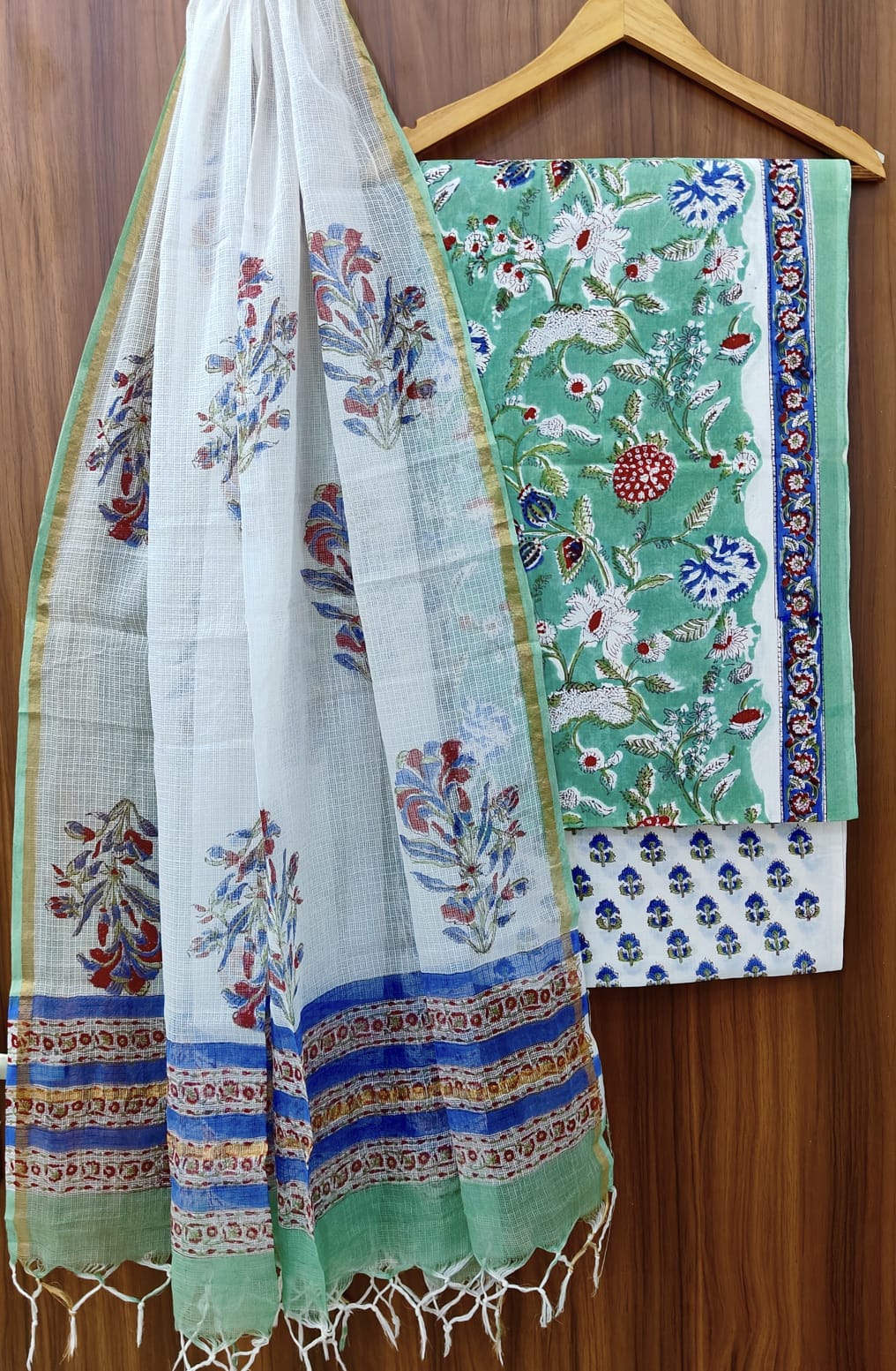 Beautiful Hand Block Printed Cotton unstitched suit fabric with Kota Doria Dupatta