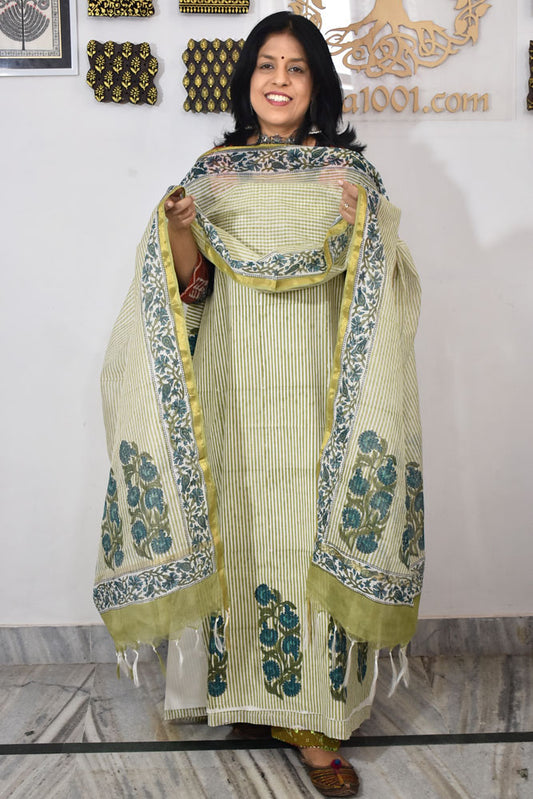 Designer Hand Block Placement Print Cotton suit with Chanderi dupatta and panel design