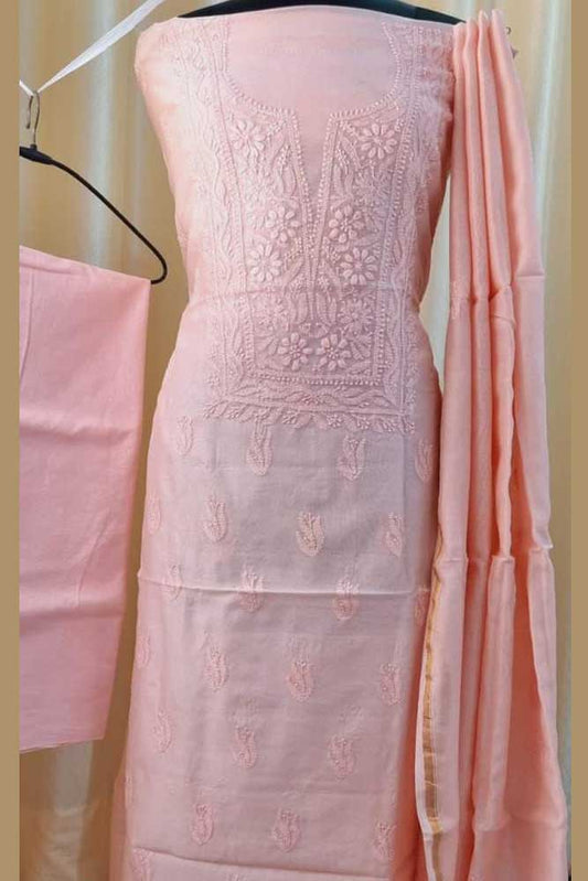 Elegant Chanderi silk Cotton Kurta & Dupatta with Chikankari Embroidery work & cotton bottom - 3 pc set