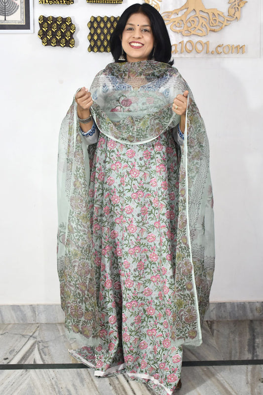 Designer Hand Block Placement Print Cotton suit with Kota dupatta and panel design