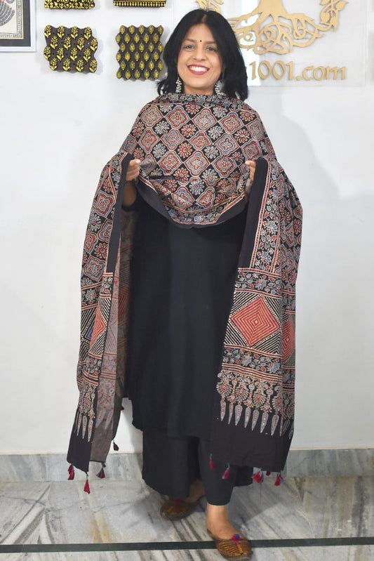 Ajrakh Hand Block Printed Khadi Cotton Dupatta with Tassels & natural dyes